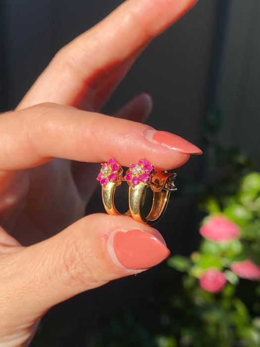 Vintage 18K Ruby Sapphire Diamond Flower Huggie Earrings