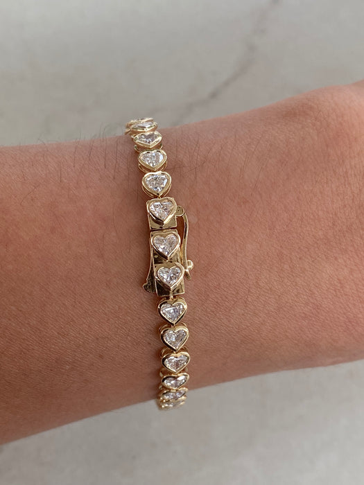 14K Gold Bezel-Set Heart 6.5 Carat Lab Diamond Tennis Bracelet