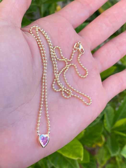 14k bead chain with bezel set pink sapphire heart necklace 18”