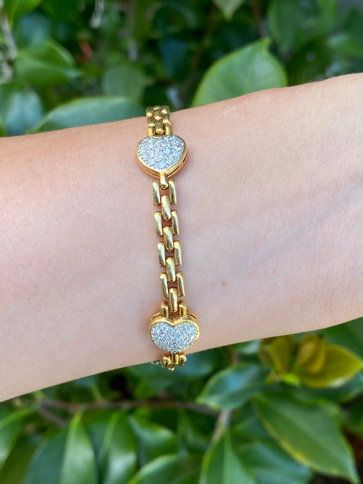 Vintage 18K Gold Panther Link Diamond Heart Bracelet