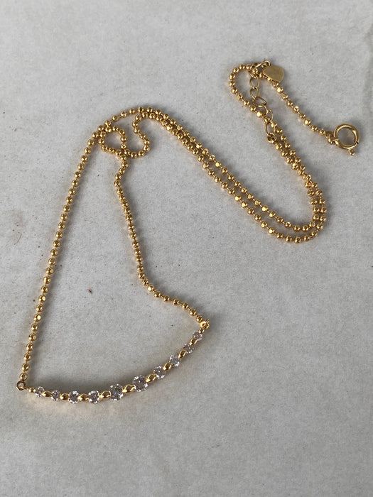 Vintage 18K Diamond-Cut Bead Necklace with Diamond Curve Bar