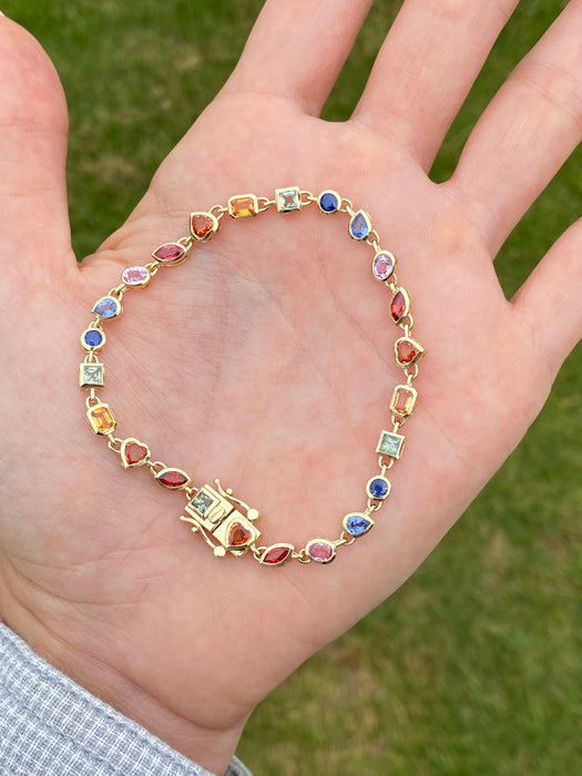 14K Gold Natural Rainbow Multi-Shape Sapphire Tennis Bracelet