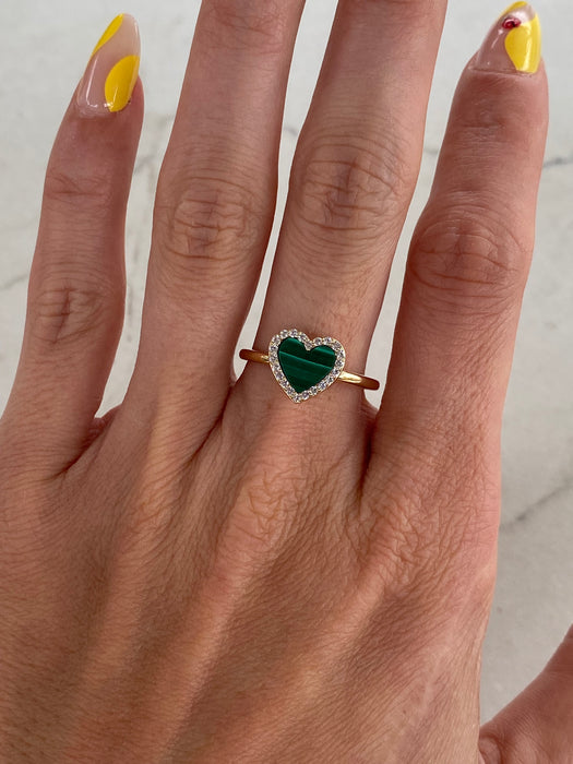 10K Gold Malachite Heart Halo Ring with Lab White Sapphire – Size 6.75