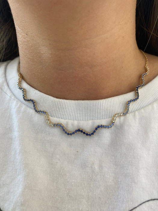 14K Gold Wavy Ombre Blue Sapphire Necklace