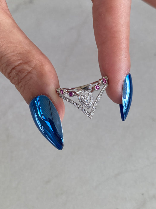 Vintage 18K White Gold Ruby & Diamond Chevron Ring