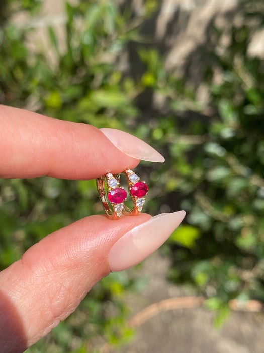 14K Gold Natural Ruby & Diamond Huggie Earrings