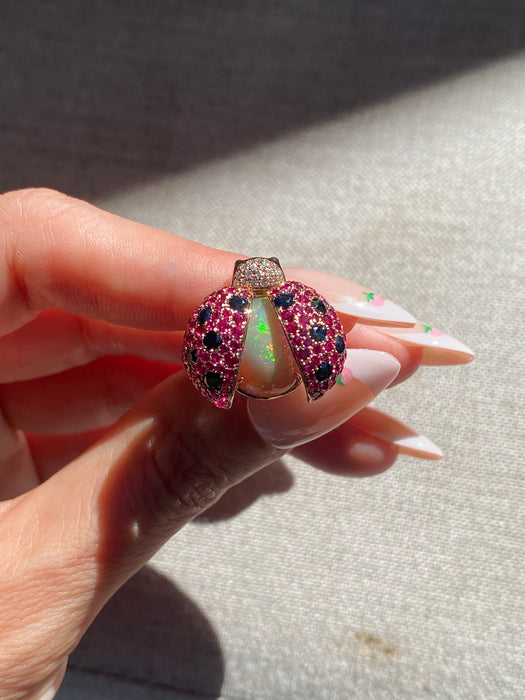 18K Rose Gold Ruby & Diamond Ladybug Ring with Hidden Opal