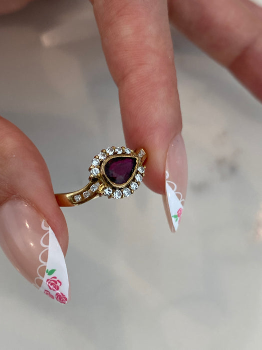 Vintage 14K Gold Garnet & Diamond Halo Ring