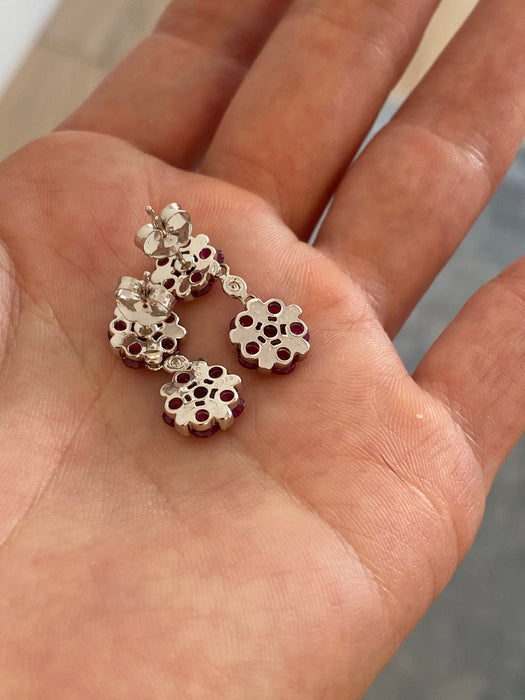 Vintage 18K White Gold Ruby & Diamond Flower Drop Earrings – 1.08 TCW Rubies
