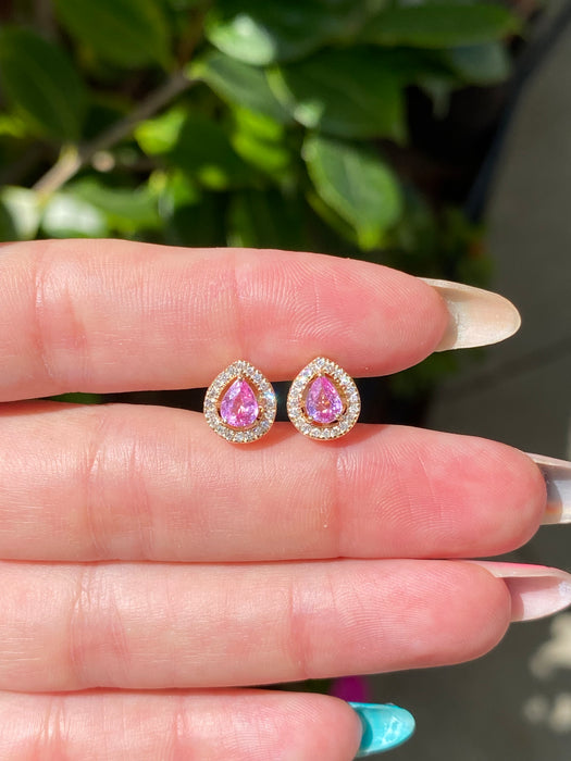 14k pink sapphire diamond halo stud earrings