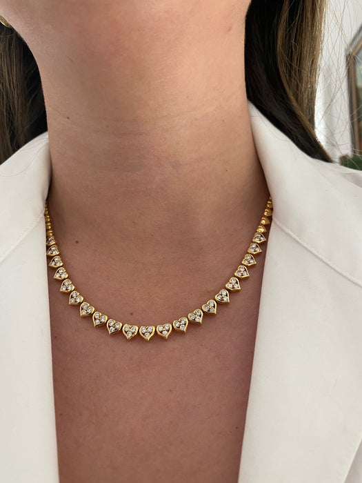 Vintage 18K Gold Diamond Heart Tennis Necklace