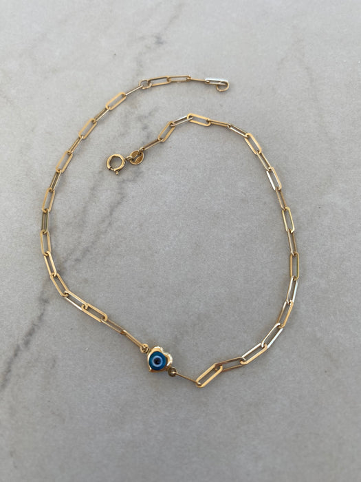 14K Gold Paperclip Evil Eye Heart Anklet