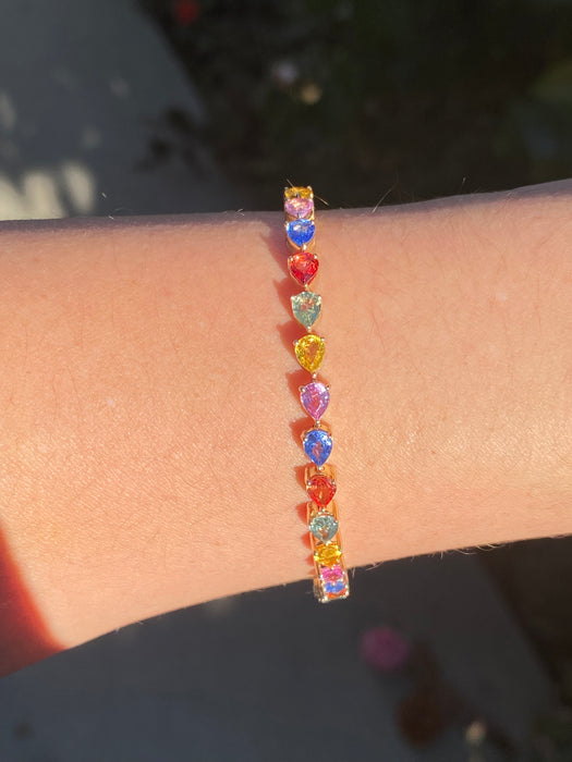 14k Gold Pear Cut Rainbow Sapphire Tennis Bracelet | Multicolor Sapphire Bracelet
