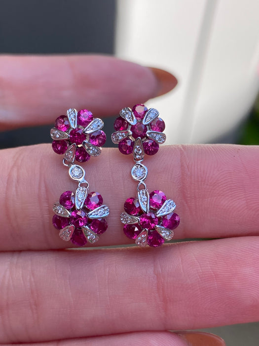 Vintage 18K White Gold Ruby & Diamond Flower Drop Earrings – 1.08 TCW Rubies