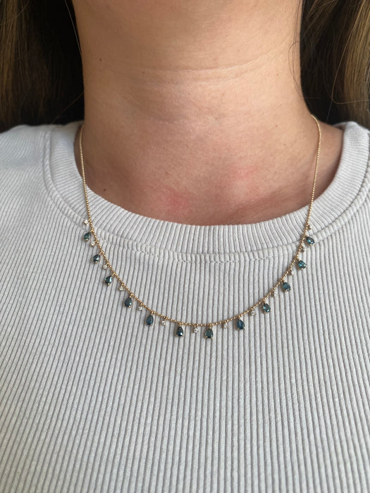 14K Blue-Green Sapphire & Diamond Charm Bead Chain Necklace