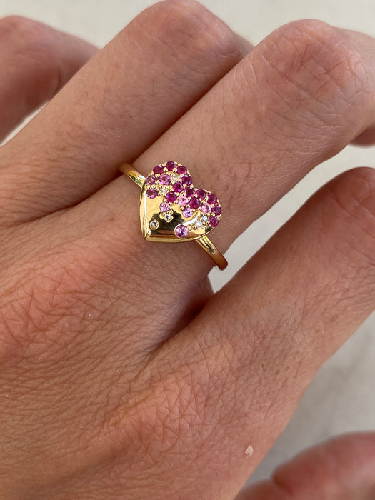 14K Gold Ruby Heart Ring with Flush-Set Rubies, Pink Sapphires & Diamonds