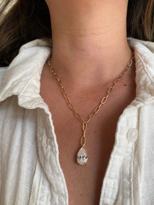14K Paperclip Lariat Necklace with 5 Carat Pear Lab Diamond