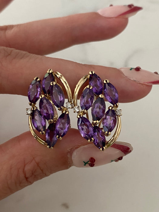 Vintage 14K Gold Marquise Amethyst & Diamond Earrings with Omega Backings