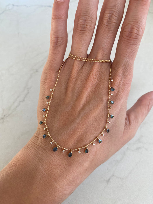 14K Blue-Green Sapphire & Diamond Charm Bead Chain Necklace