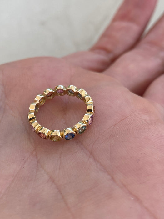 14K Gold Bezel Set Rainbow Sapphire Pinky Ring – 1.05 TCW Sapphire – Size 1.5