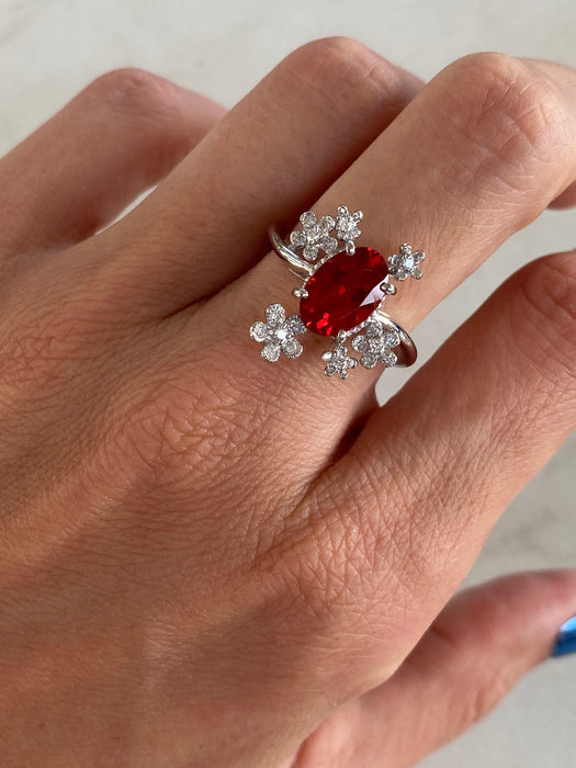 Vintage Platinum 900 Sunstone Diamond Flower Ring – Size 6.25