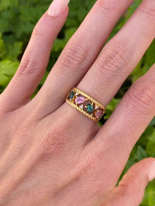 Vintage 18K Gold Pink & Green Tourmaline Diamond Ring – Size 6