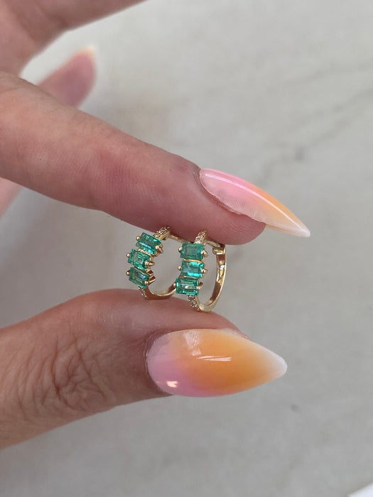 14K Natural Emerald & Diamond Huggie Earrings