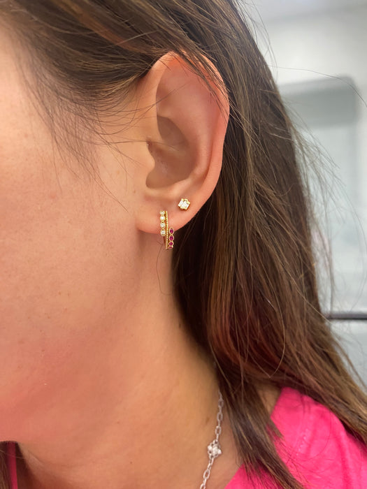 14K Gold Ruby & Diamond Huggie Earrings
