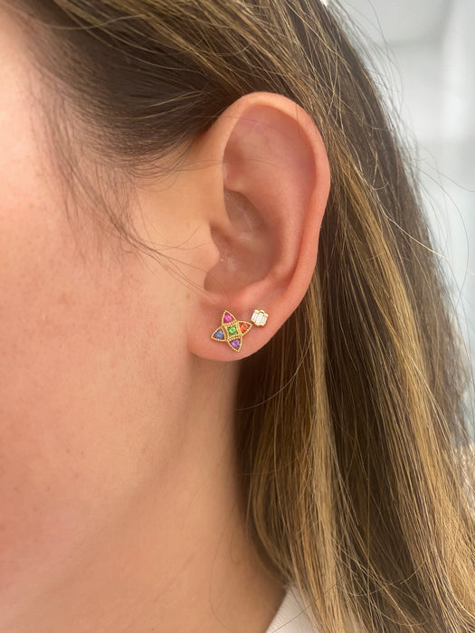 14K Rainbow Gemstone Clover Stud Earrings | Sapphire, Amethyst & Tsavorite