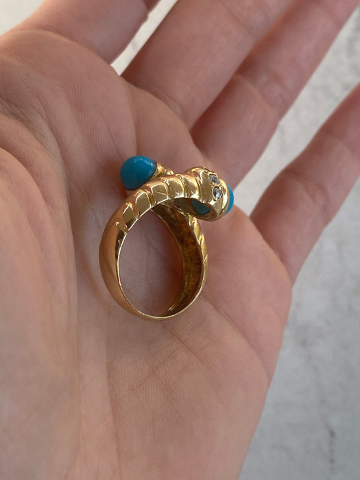 Vintage 14K Gold Turquoise & White Sapphire Bypass Ring