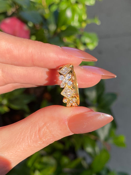 Vintage 18k Gold Invisible Set Princess Cut Diamond & Round Diamond Ring Size 6.25