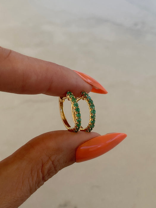 14K Gold Emerald Huggie Earrings