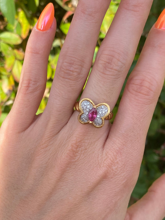 Vintage 18K & Platinum Diamond Ruby Butterfly Twist Croissant Ring – Size 5.5