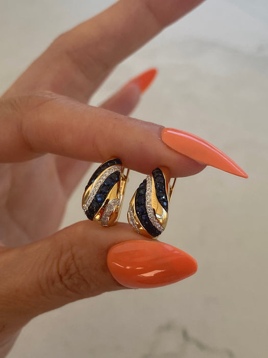 14K Gold Blue Sapphire & Diamond Huggie Earrings