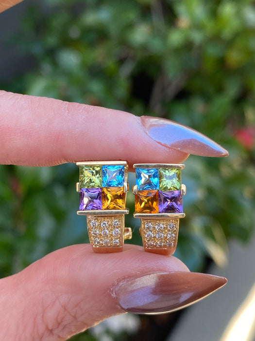 Vintage 14K Rainbow Gemstone & Diamond Omega Back Earrings