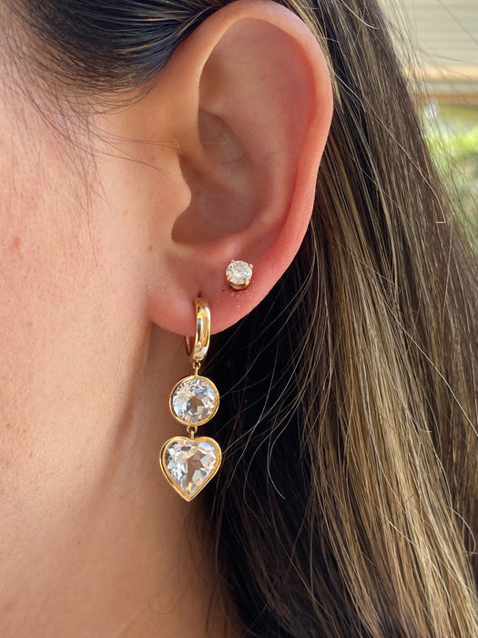 14K Gold Bezel Set White Topaz Heart Drop Huggie Earrings | 15.5 CTW White Topaz