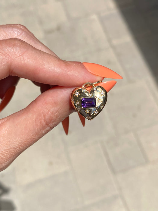 14K Gold Heart Charm with Diamond Star Accents & East–West Amethyst Charm