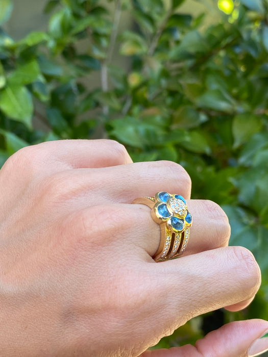 18k cabochon blue topaz diamond flower ring size 5.5