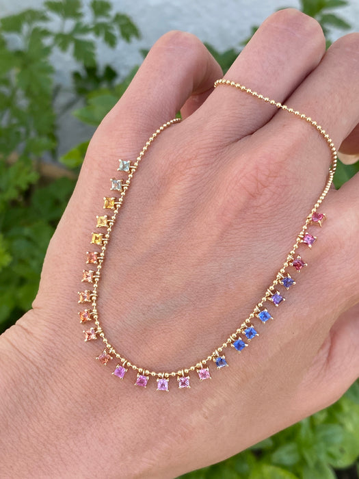 14K Gold Rainbow Sapphire Bead Necklace | 5 CTW Princess Cut Dangling Sapphires Adjustable 16-18”