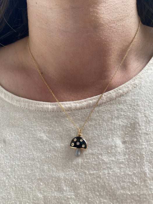 14K Gold Black & Gray Enamel Diamond Mushroom Charm Necklace | Adjustable 16-18”