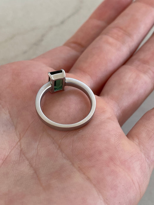 Vintage Platinum 900 Blue-Green Tourmaline Ring | 1.174 CT Baguette Cut Tourmaline