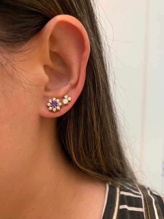 14k amethyst diamond flower stud earrings