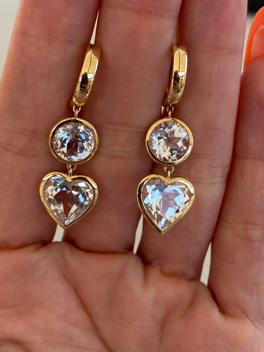 14K Gold Bezel Set White Topaz Heart Drop Huggie Earrings | 15.5 CTW White Topaz