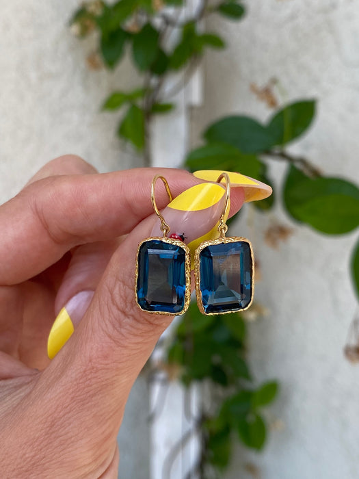 Vintage 18K Gold Bezel-Set London Blue Topaz Hook Earrings