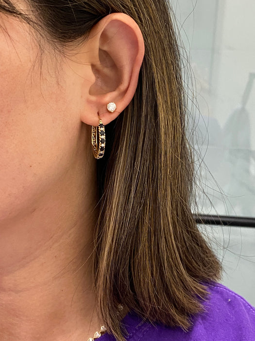 Vintage 14K Gold Blue Sapphire & Diamond Hoop Earrings