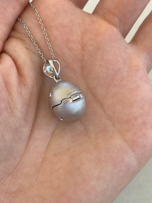 Vintage 18K White Gold Diamond Egg Charm Pendant – Opening Locket w/ Zircon Drop, 0.90 TCW