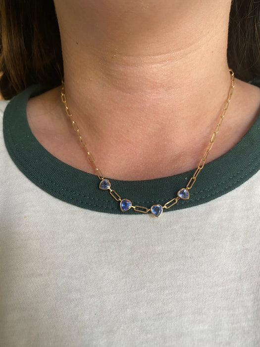 14K Gold Blue Sapphire Heart Paperclip Necklace