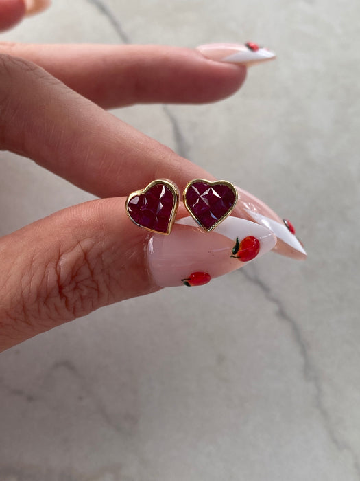 14K Gold Invisible-Set Natural Ruby Heart Stud Earrings