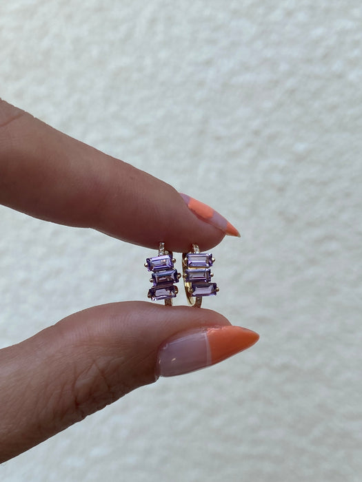 14k amethyst baguette diamond huggie earrings