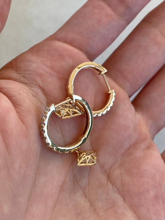 14K Gold Lab Diamond Lozenge Charm Hoop Earrings